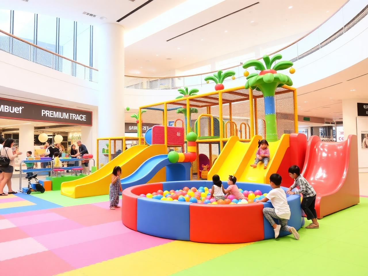 Indoor kids play zone with slides and ball pit inside the mall