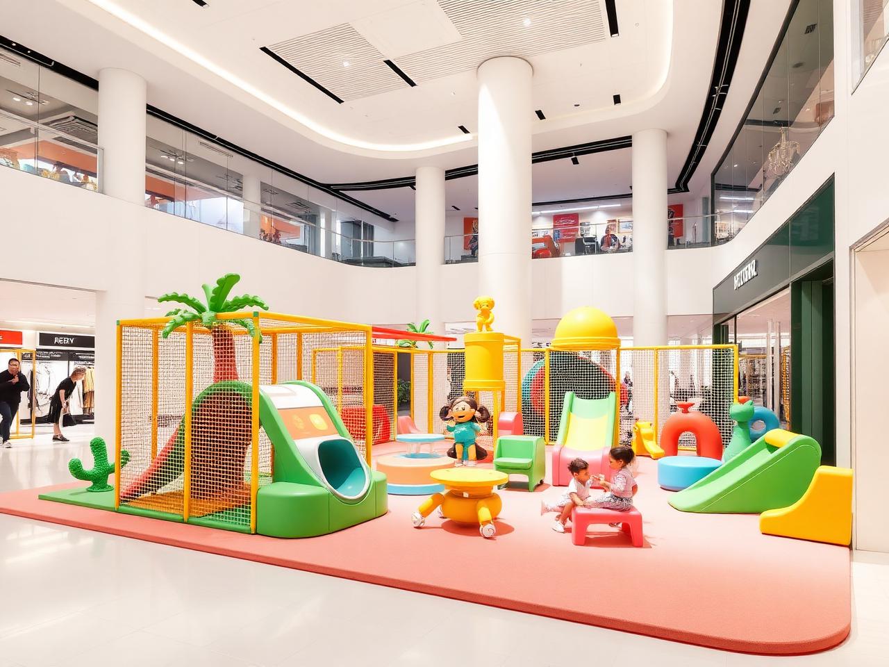 Children climbing a soft play structure in the family zone