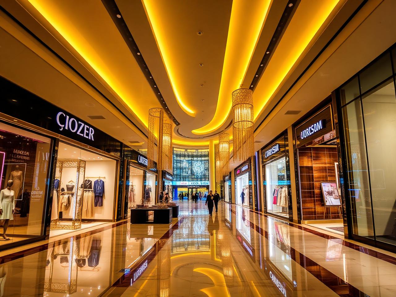 Luxury retail arcade with illuminated flagship storefronts