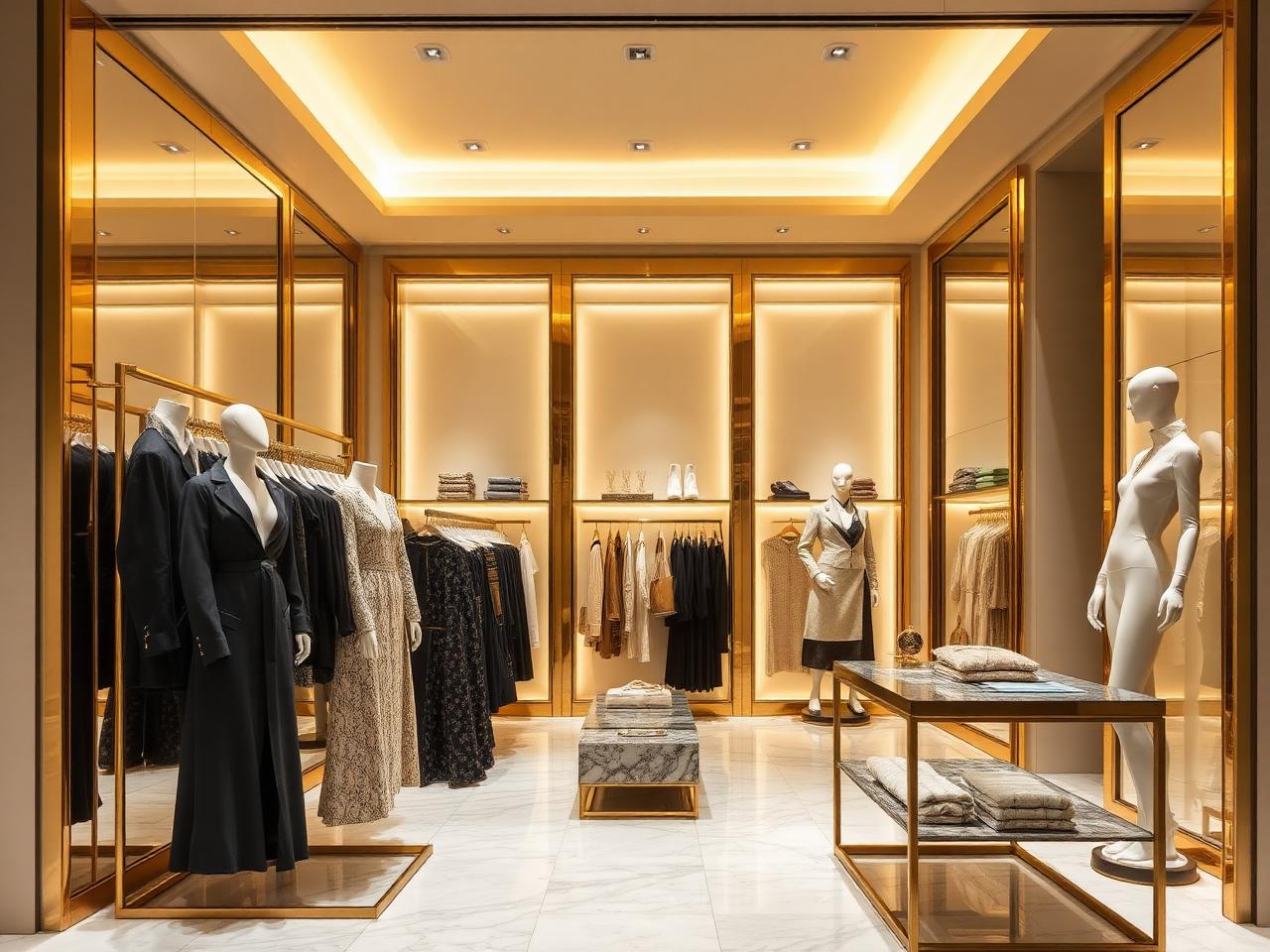 Premium fashion boutique interior with gold detailing