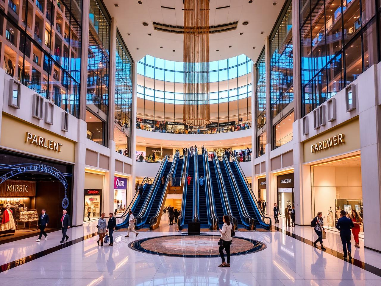 Grand mall atrium with escalators and flagship stores